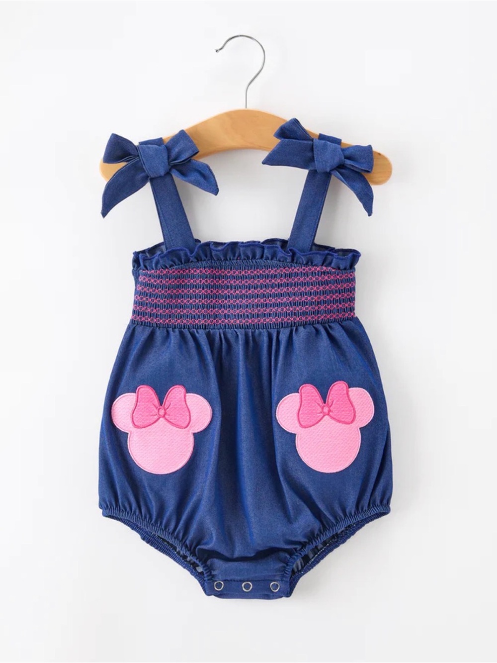 Navy Blue Girls Bow-Shoulder One-Piece with Pink Appliqué